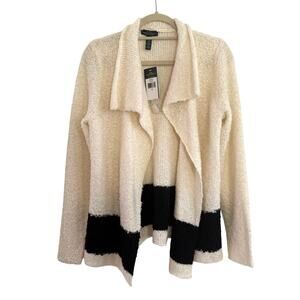 NWT Lauren Ralph co. Cardigan Open Front Large Cream Black Wool Blend Academia